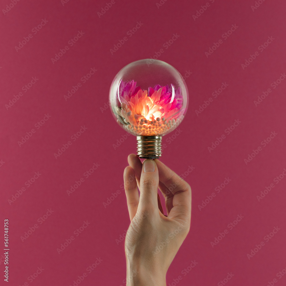 Wall mural female hand holds glowing light bulb with purple flowers inside against magenta background