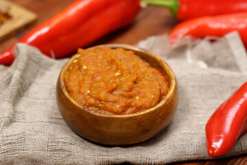Balkan snack of bell pepper Ajvar and eggplant. Vegan food. Healthy eating