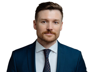 Serious confident businessman wears formal clothes looks directly at camera has well groomed appearance ready for meeting with partners isolated over white studio background. Motivated entrepreneur
