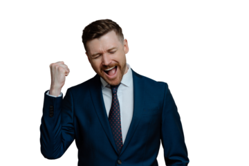 Positive businessman clenches fist exclaims from joy hooray celebrates success dressed formally satisfied after successful business deal isolated over white background. Congratulations I did it