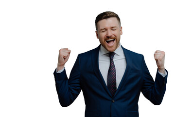 Overjoyed triumphing businessman clenches fists with triumph celebrates successful deal dressed in formal clothes isolated over white background copy space for your advertisement exclaims from joy