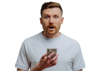 Surprised man reading unexpectable news on mobile phone