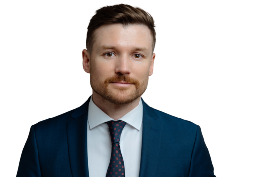 Serious confident businessman wears formal clothes looks directly at camera has well groomed appearance ready for meeting with partners isolated over white studio background. Motivated entrepreneur