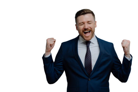 Overjoyed triumphing businessman clenches fists with triumph celebrates successful deal dressed in formal clothes isolated over white background copy space for your advertisement exclaims from joy - Powered by Adobe