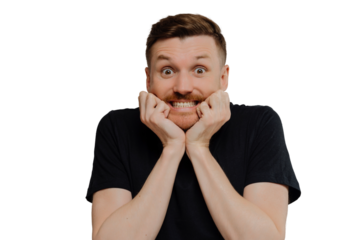 Scared shocked young unshaven man being afraid of something or feeling nervous