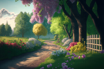 Watercolor abstract art of spring season of cherry blossom with beautiful nature drawing. Illustration graphic design Generative ai.