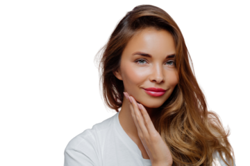 People, beauty and feminity concept. Lovely calm attractive lady with appealing look, keeps palm on cheek, satisfied after visit cosmetologist, has professional makeup