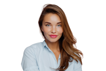 Headshot of lovely European lady has blue eyes, red painted lips, healthy skin, long hair, looks directly at camera, wears shirt, poses over background. Beautiful woman ready for job interview