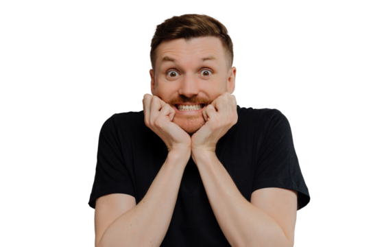 Scared shocked young unshaven man being afraid of something or feeling nervous