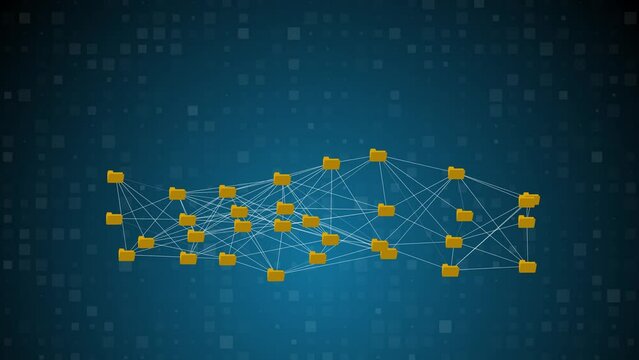 Close-up of connected clouds with different file and folder icons, sharing data, concept of cloud computing, smart working, global business