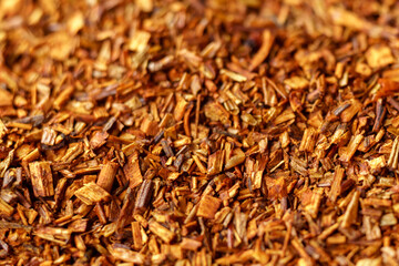Rooibos close-up, Macro of redbush tea close-up. Leaving South Africa. Selective focus.