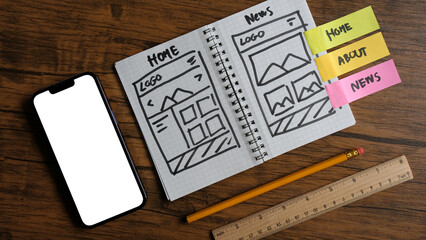 Fototapeta premium Draft sketch drawing template layout framework wireframe. User experience concept.