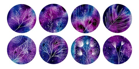 Set of violet abstract watercolor rainbow colorful circles for highlights