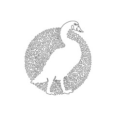 Continuous one curve line drawing of funny swan. Abstract art in circle. Single line editable stroke vector illustration of swan with long curved necks for logo, wall decor, poster print decoration