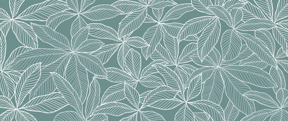 Fototapeta premium Botanical foliage line art background vector illustration. Tropical palm leaves white drawing contour pattern background. Design for wallpaper, home decor, packaging, print, poster, cover, banner.