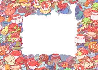 Background pattern abstract design texture. Seafood and Snacks. Border frame, transparent background. Theme is about caramel, tartlet, covered, biscuit, star, jelly, sea, mini cake, borscht