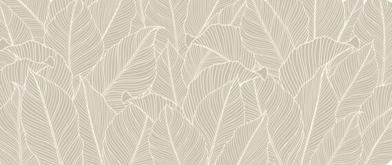 Fototapeta Botanical foliage line art background vector illustration. Tropical palm leaves white drawing contour pattern background. Design for wallpaper, home decor, packaging, print, poster, cover, banner. obraz