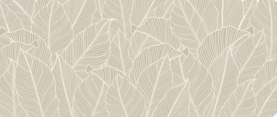 Fototapeten Botanical foliage line art background vector illustration. Tropical palm leaves white drawing contour pattern background. Design for wallpaper, home decor, packaging, print, poster, cover, banner. © TWINS DESIGN STUDIO