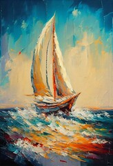 Fototapeta na wymiar sailboat boat at sunset on the ocean, oil paint, generative ai
