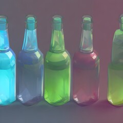 Glass bottles, low poly, collection of transparent bottles. Generative AI.