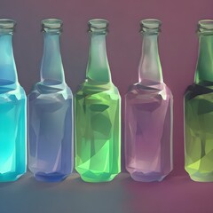 Glass bottles, low poly, collection of transparent bottles. Generative AI.