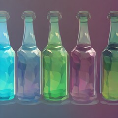 Glass bottles, low poly, collection of transparent bottles. Generative AI.