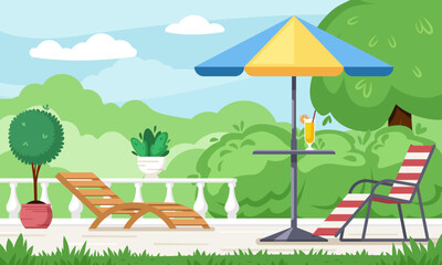 patio outdoor. background backyard village with BBQ relax place two benches and green trees