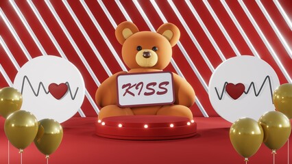 3D rendering of red podium for Valentine products on Valentine's Day.