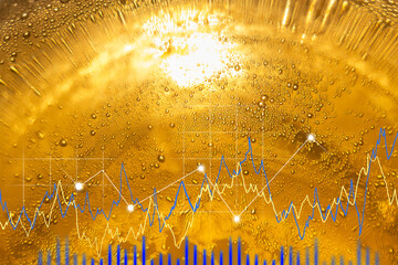 Macro texture of beer, texture of water drops, concept, design. Beer investment growth chart. Selective focus