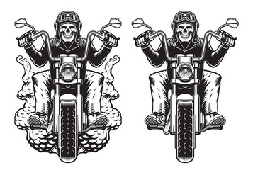 Set of black and white vector illustrations of a skeleton on a motorcycle