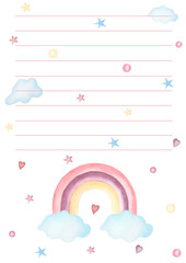 Hand drawn watercolor adorable daily planner with cute unicorn face. My day to-do list with hearts, stars, polka dots and rainbow with clouds illustrations. Kids Notes page.