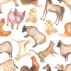 Watercolor farm animals seamless pattern. Hand drawn objects: cute pink pig, sheep, horse, ruster, funny cow, cat, dog and hen print. Country life for kids textile