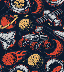 Space seamless background in vintage style with design elements such as asteroid, space rover, skull astronaut, planets, shuttle