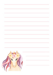 Hand drawn watercolor adorable daily planner with cute unicorn face. My day to-do list with hearts, stars, polka dots and pony animal portrait illustrations. Notes page with little horse.