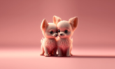 Obraz premium Two cute dogs in love on pink empty background. Puppys celebrating Valentine’s Day. Pets close to eachother in cartoon style. Fictitious generative Ai