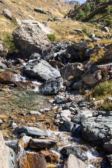 Naklejka na ściany i meble Small pond of clear water with pebbles, sand and cobblestones between rapids of mountain gorge covered with autumn yellowed grass. Aosta valley, Italy (vertical shot)