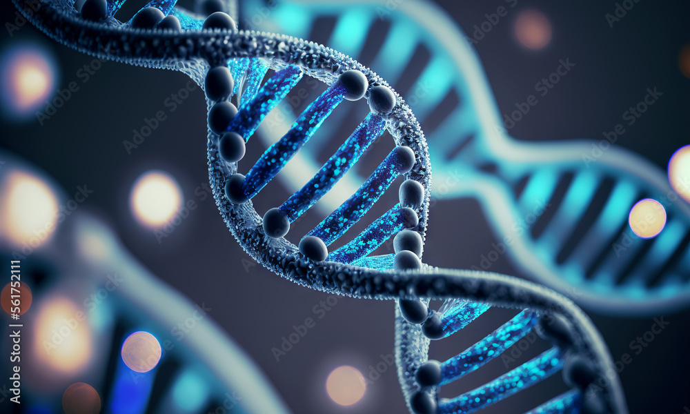 Poster concept of the evolution of human dna in the distant future. view under the microscope. blue helix b