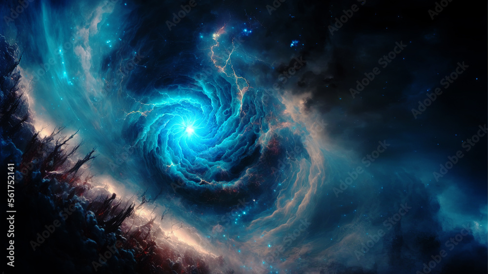 Poster Birth of a star in space during a nebula explosion. Nuclear fusion of cosmic clouds of gas and dusts spinning. Universe background. Generative ai