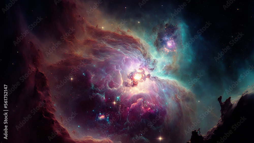 Poster Large view of a colorful dark nebula in space. Cosmic background with bright shining stars, galaxies and deep universe. Generative ai