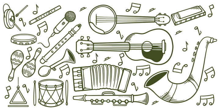 Hand drawn music classic instruments doodle icon set isolated on white background.