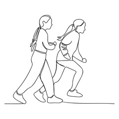 2 women running. Side view. Vector illustration in line art style. Black line on white background.