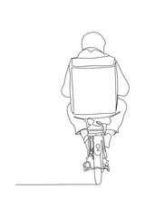 Delivery courier on motor bicycle running away. Back view. Vector illustration in line art style. Black line on white background.