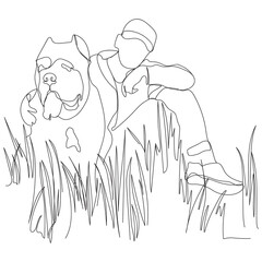 Woman and large dog sitting on ground. Vector illustration in line art style. Black line on white background.