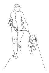 Woman with large dog running. Vector illustration in line art style. Black line on white background.