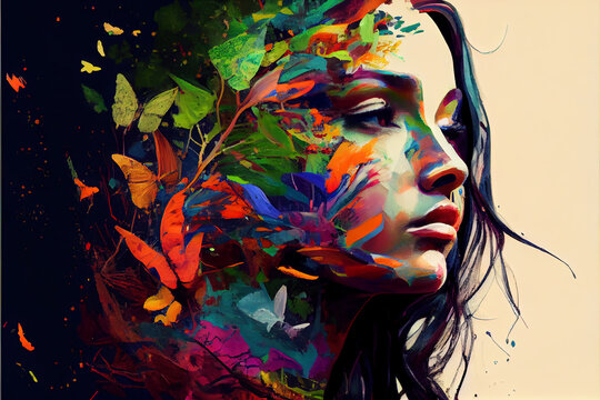 Creativity concept, art therapy, woman head with splash of colors