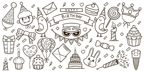 Hand drawn birthday elements doodle set drawing isolated on white background.