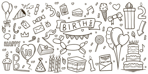 Hand drawn birthday equipments elements doodle set drawing isolated on white background.