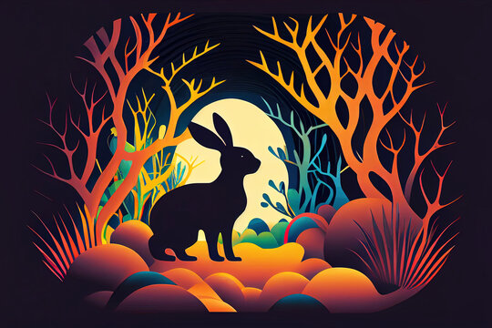 easter bunny in fantasy forest illustration - generative AI