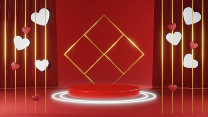 3D rendering of red podium for Valentine products on Valentine's Day.