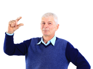 Portrait of an old man holding something imaginary in his hands on white.